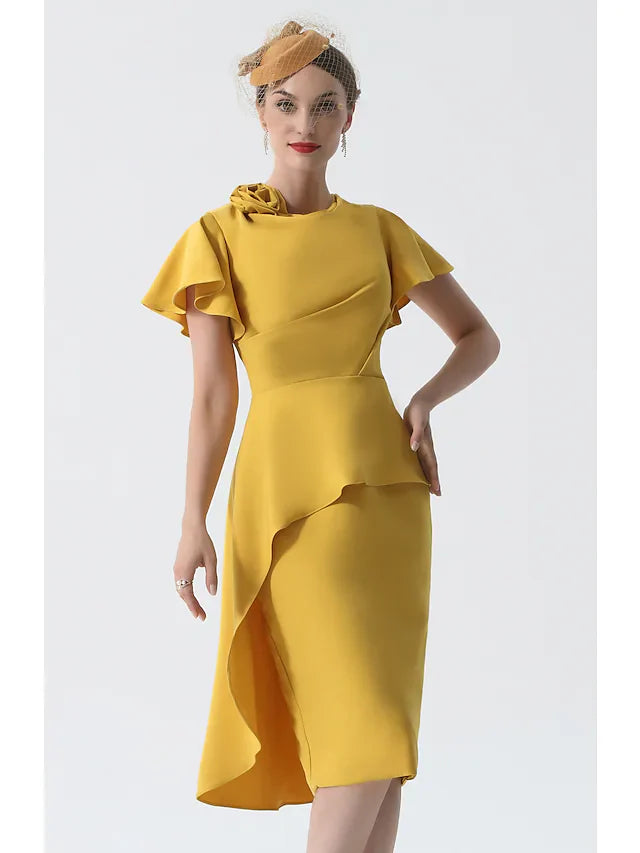 Wholesale Mother of the Bride Dress Elegant Cowl Neck Knee Length Stretch Satin Short Sleeve with Ruching